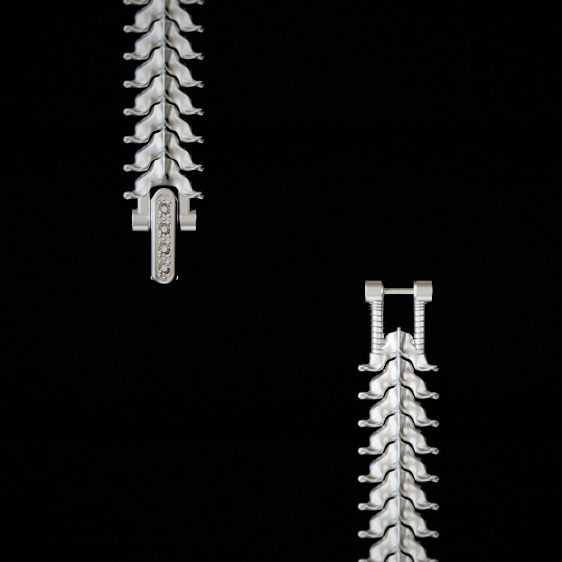 ABALLE SPINALE sterling silver bracelet, vertebral links and clasp detail laid flat