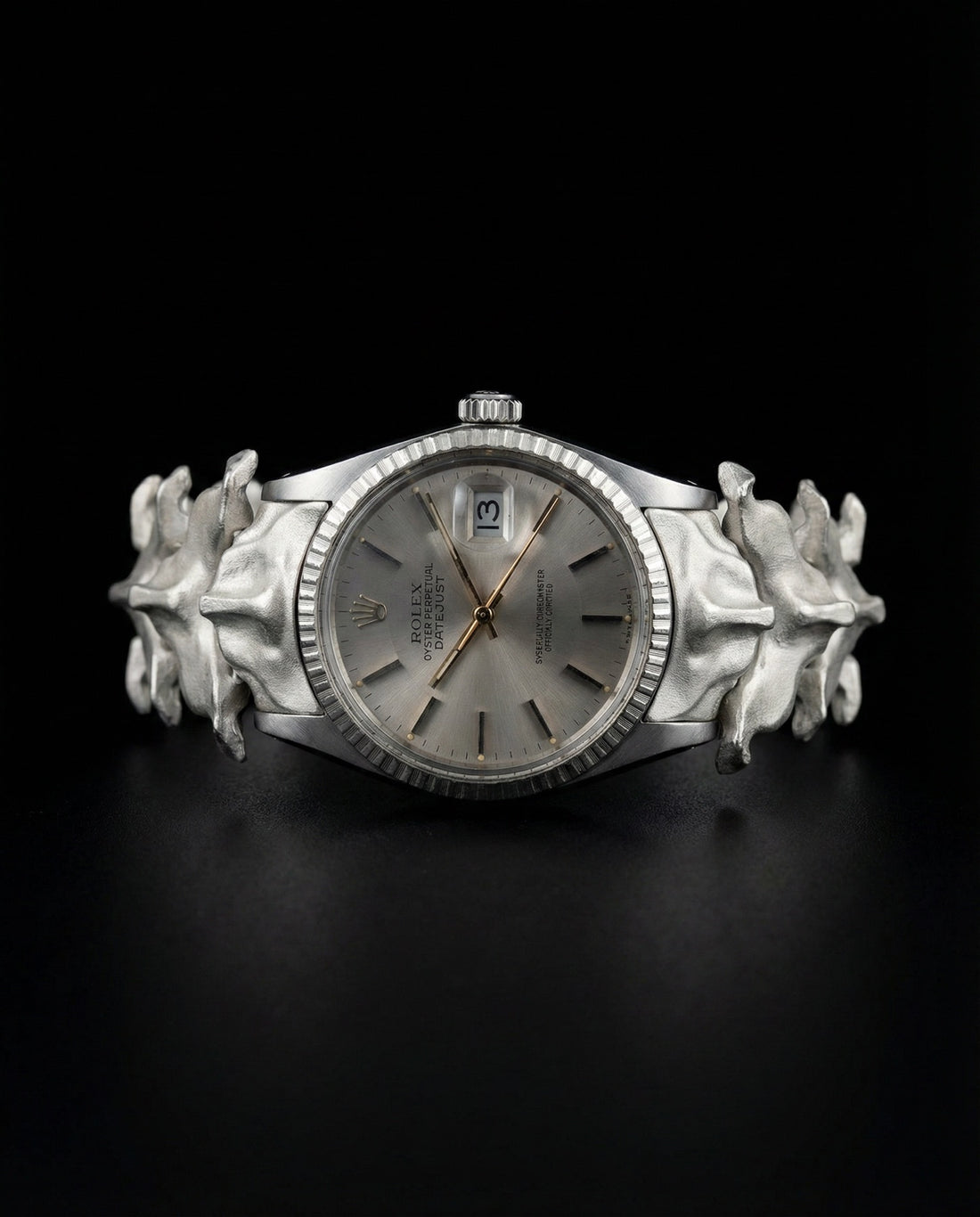 Rolex Datejust integrated into an ABALLE sterling silver HOROLOGIUM SPINALE vertebrae bracelet