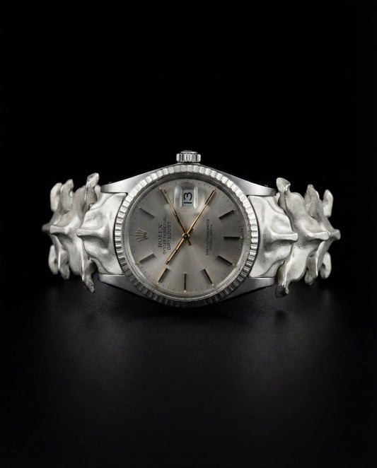 Rolex Datejust integrated into an ABALLE sterling silver HOROLOGIUM SPINALE vertebrae bracelet