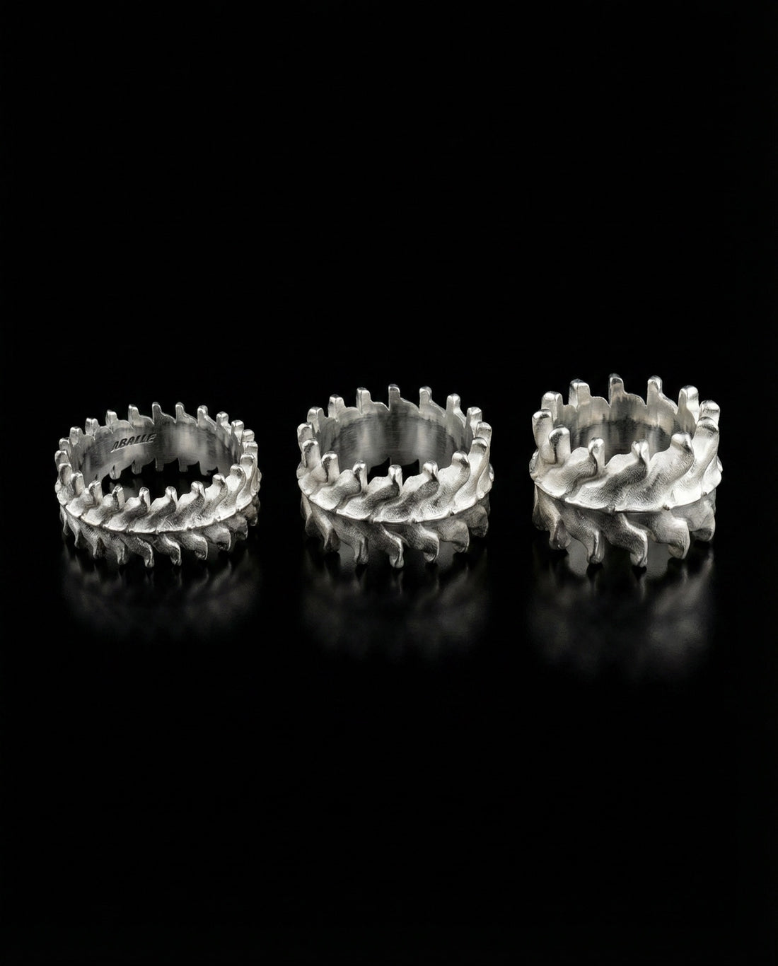 ABALLE sterling silver IMMORTALE and FERRAMENTA rings, sculpted on vertebral anatomy