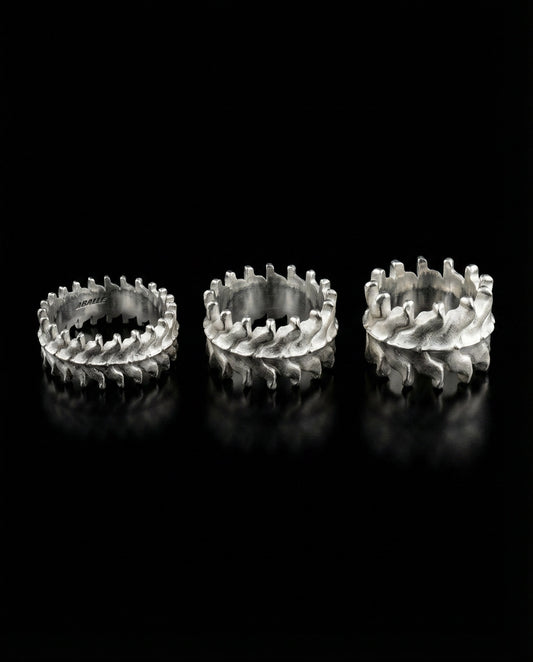 ABALLE sterling silver IMMORTALE and FERRAMENTA rings, sculpted on vertebral anatomy