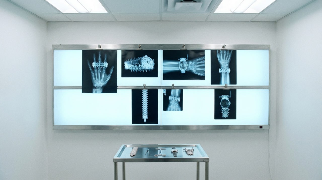 X-rays of vertebrae and SPINALE bracelet on a medical lightbox